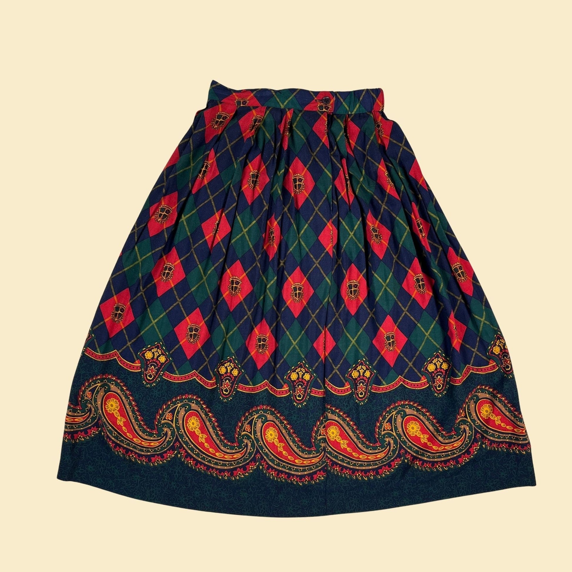 80s argyle / paisley skirt by Koret, size 8 vintage red, green and blue pleated midi skirt