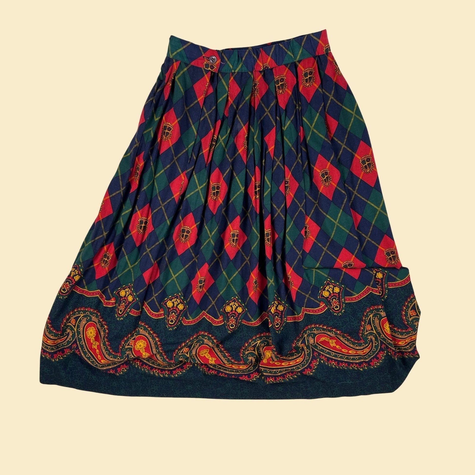 80s argyle / paisley skirt by Koret, size 8 vintage red, green and blue pleated midi skirt