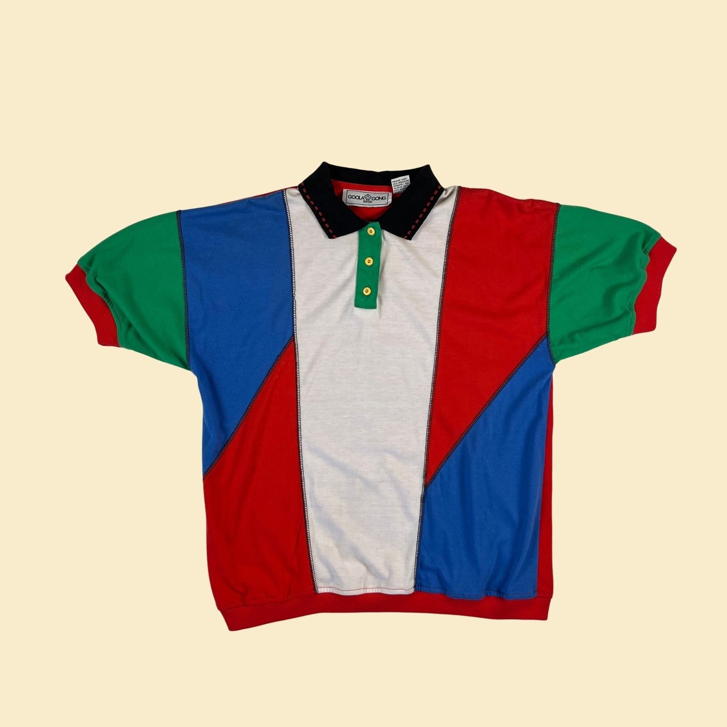 90s colorblock polo shirt, women's M vintage Goola Gong red, green, blue & white short sleeve casual top