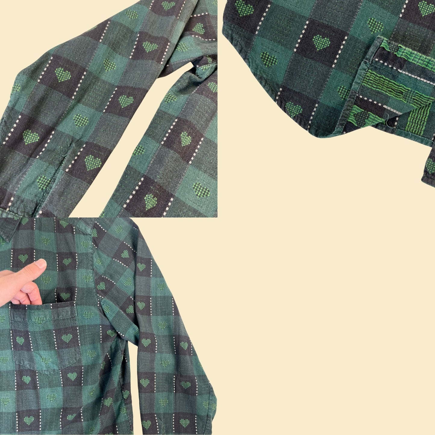 90s plaid heart shirt by Westbound, size XL women's button down green & black long sleeve plaid geometric blouse