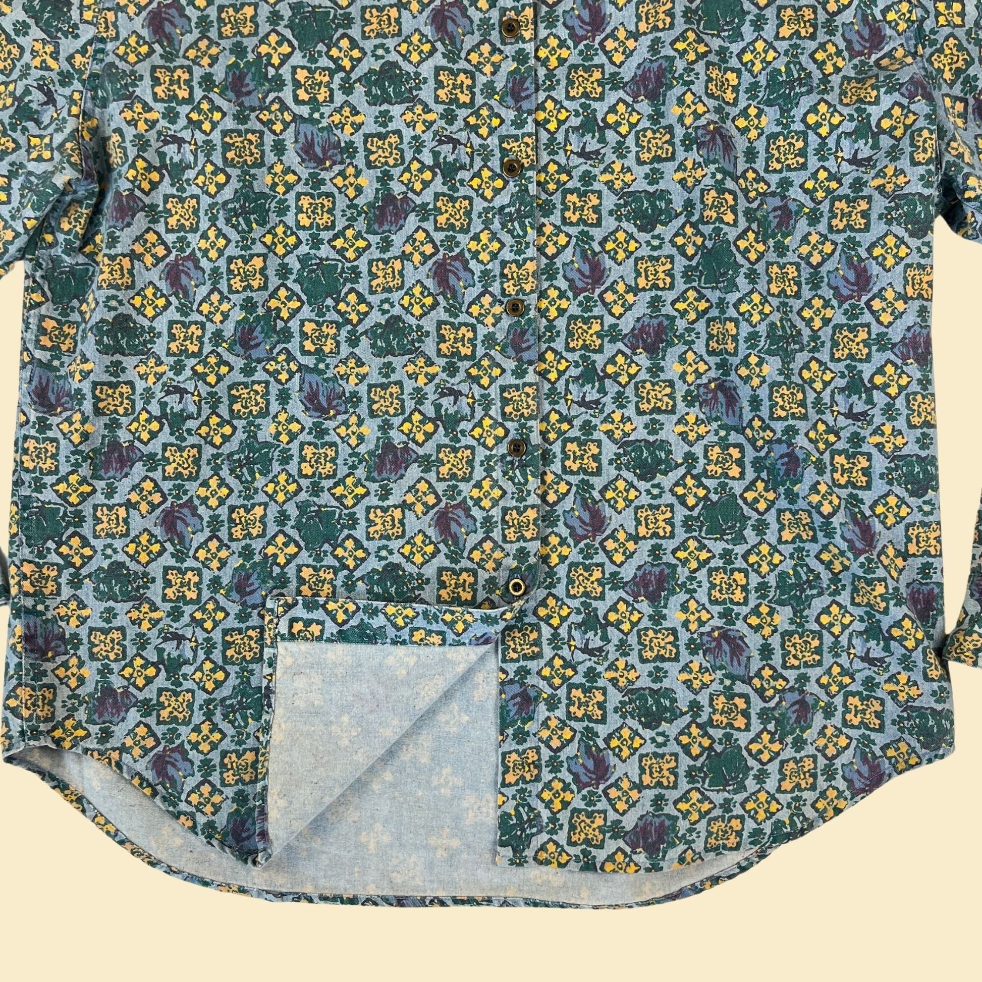 90s geometric teal shirt by Westbound, size L blue & yellow vintage women's button down long sleeve