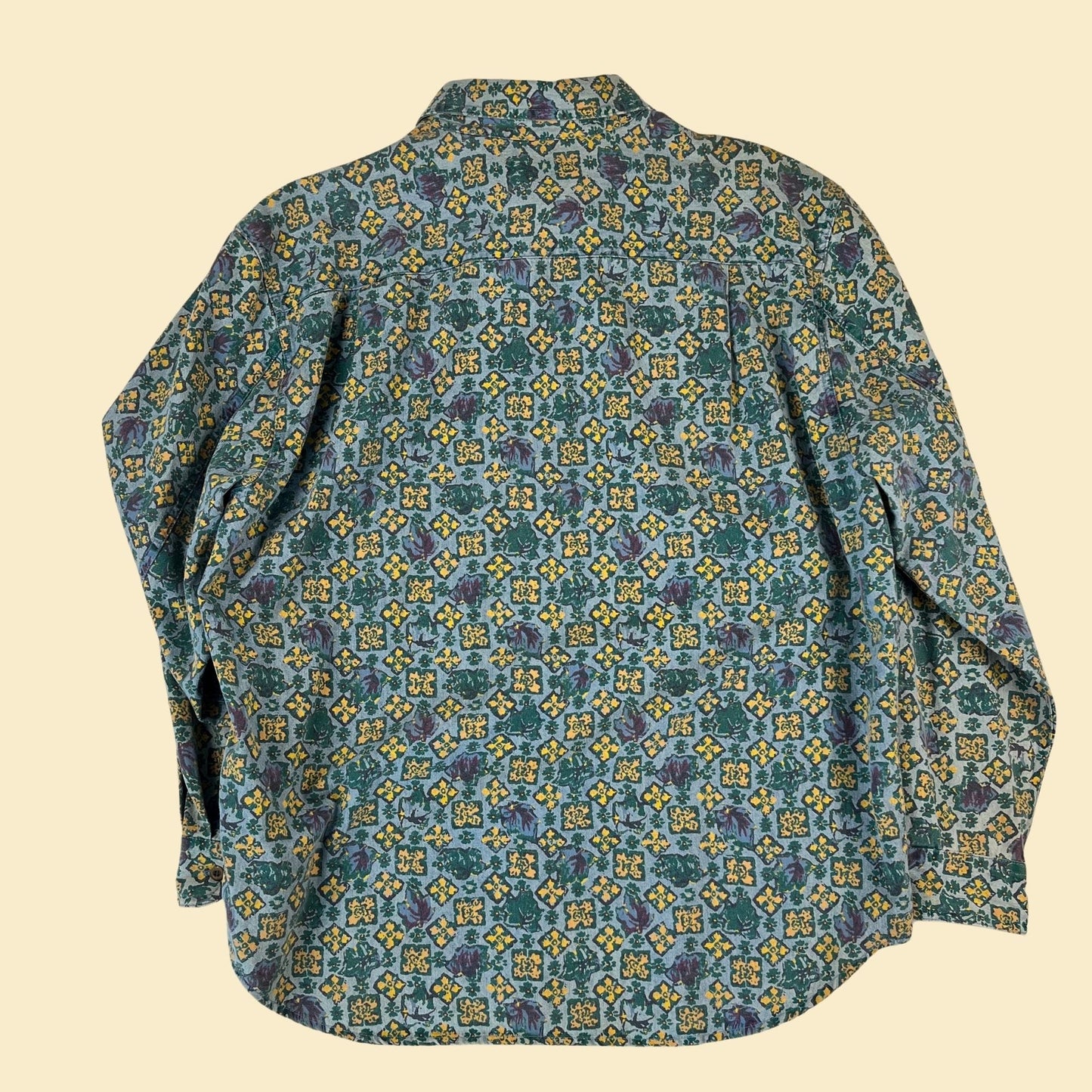 90s geometric teal shirt by Westbound, size L blue & yellow vintage women's button down long sleeve