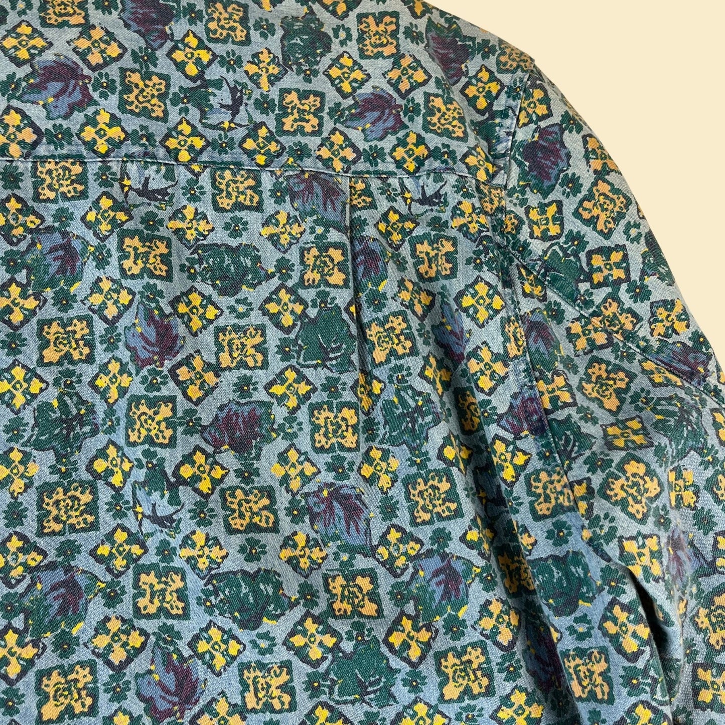 90s geometric teal shirt by Westbound, size L blue & yellow vintage women's button down long sleeve