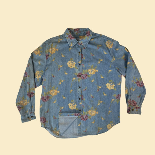 90s floral chambray button down shirt, vintage size L Westbound blue & yellow flower patterned blouse