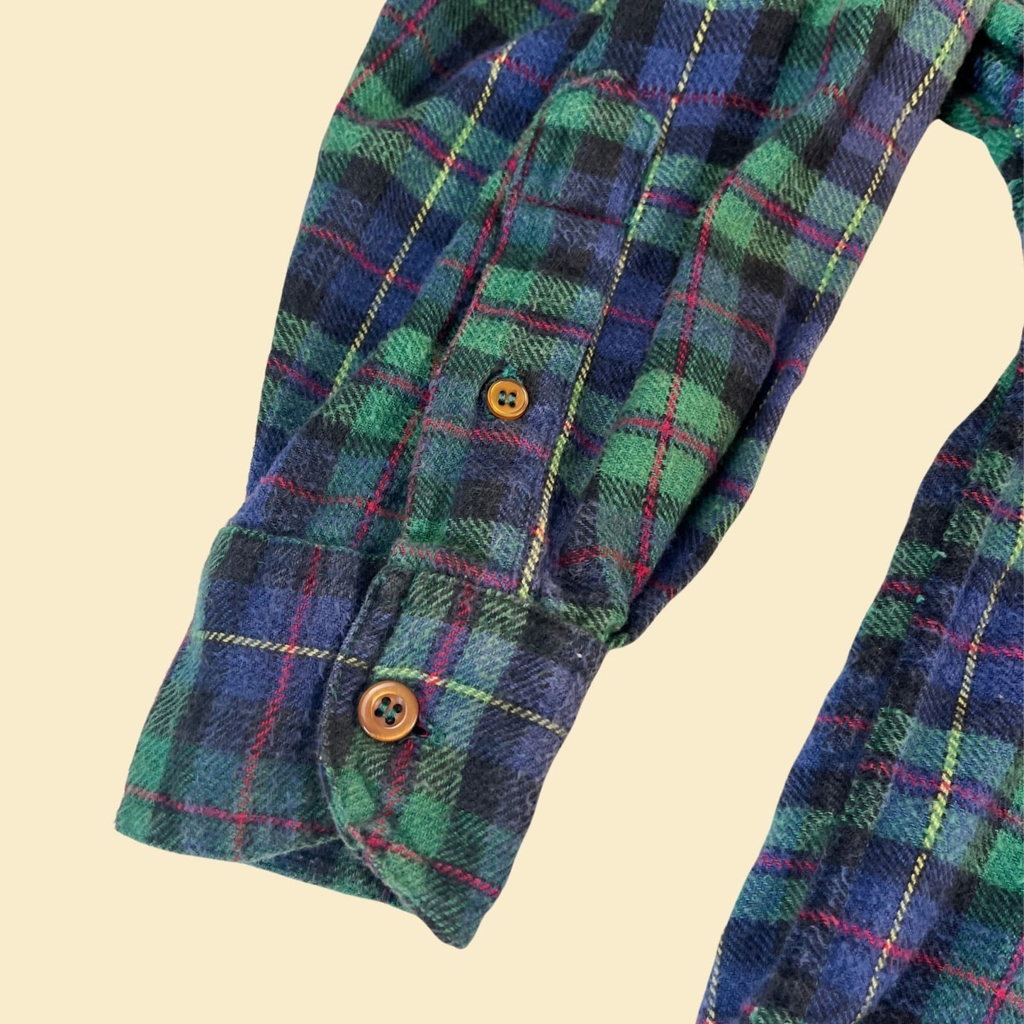 90s henley flannel shirt, size L vintage blue & green button down long sleeve by No Barriers