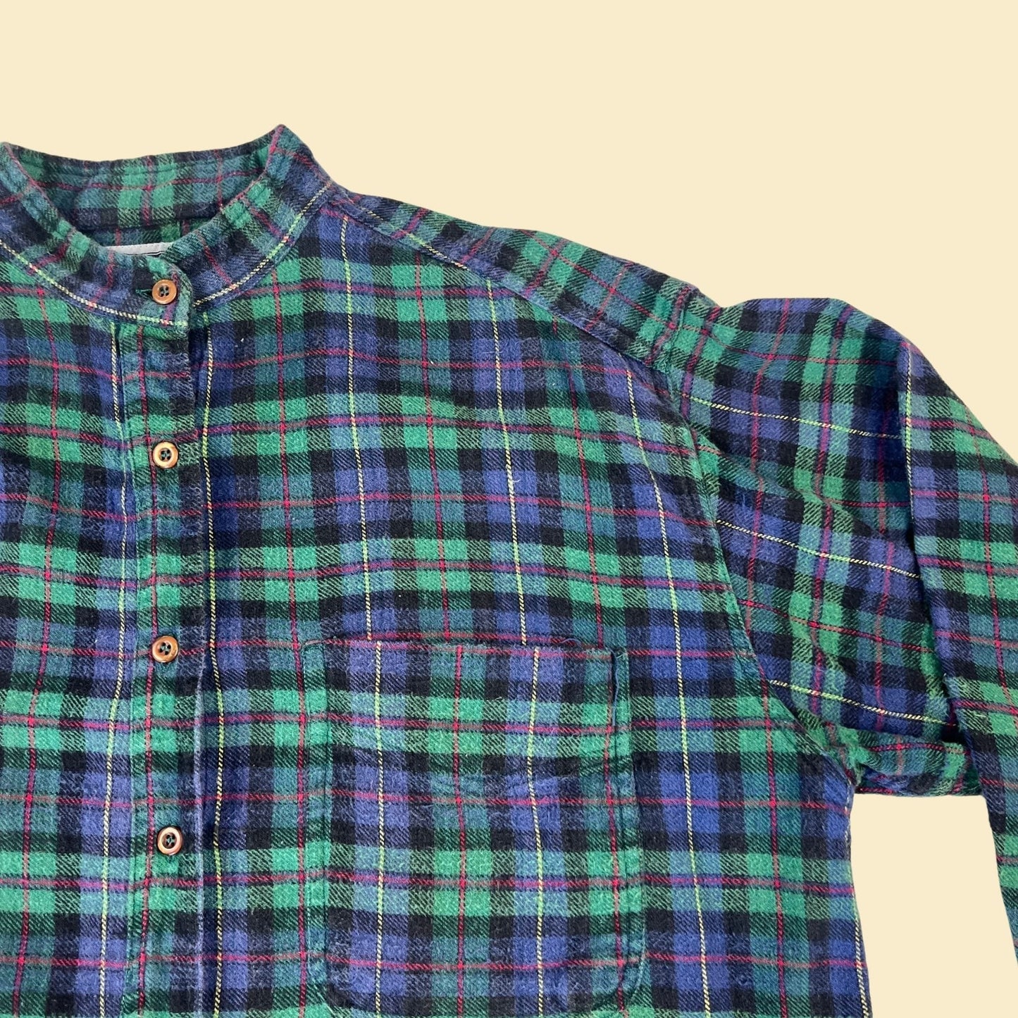 90s henley flannel shirt, size L vintage blue & green button down long sleeve by No Barriers