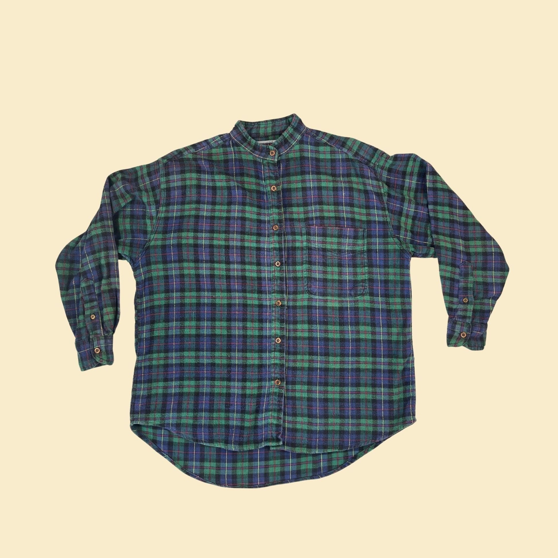 90s henley flannel shirt, size L vintage blue & green button down long sleeve by No Barriers