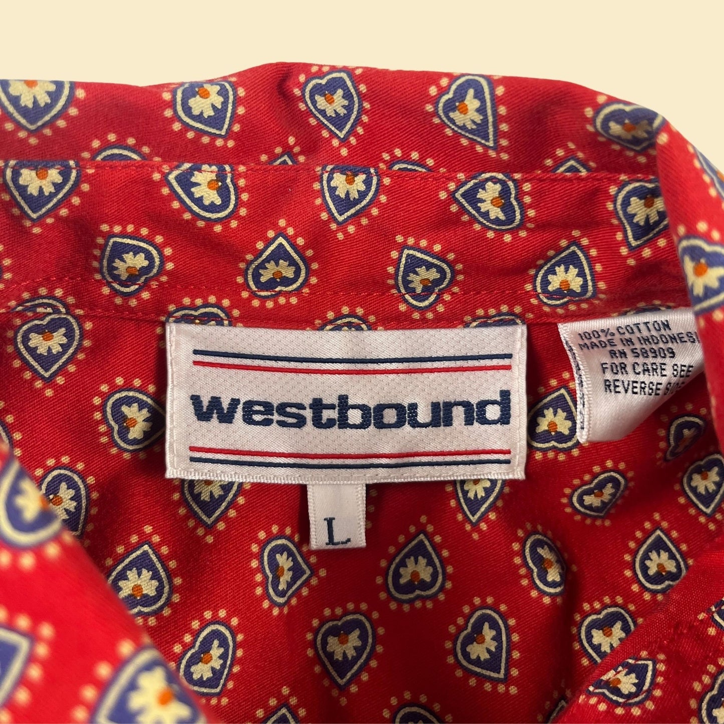 Red 90s geometric snap clasp shirt by Westbound, size L vintage 1990s abstract heart patterned long sleeve cotton button down