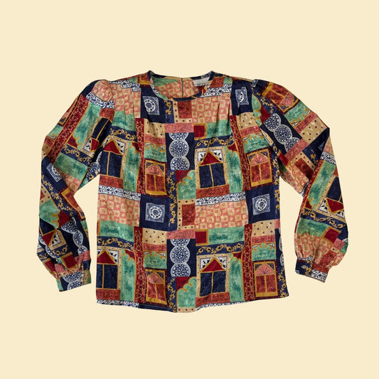 90s geometric blouse by Nicola, vintage green, blue & orange satin long sleeve women's shirt