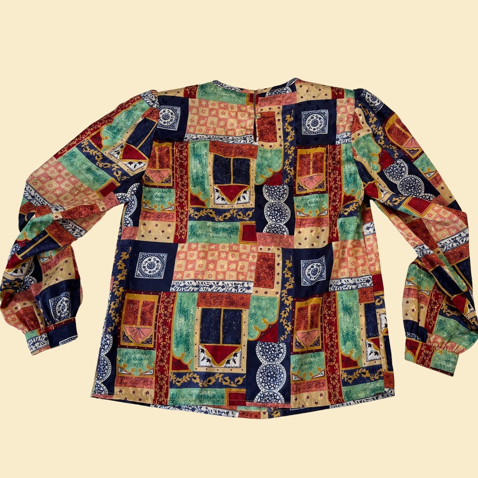 90s geometric blouse by Nicola, vintage green, blue & orange satin long sleeve women's shirt