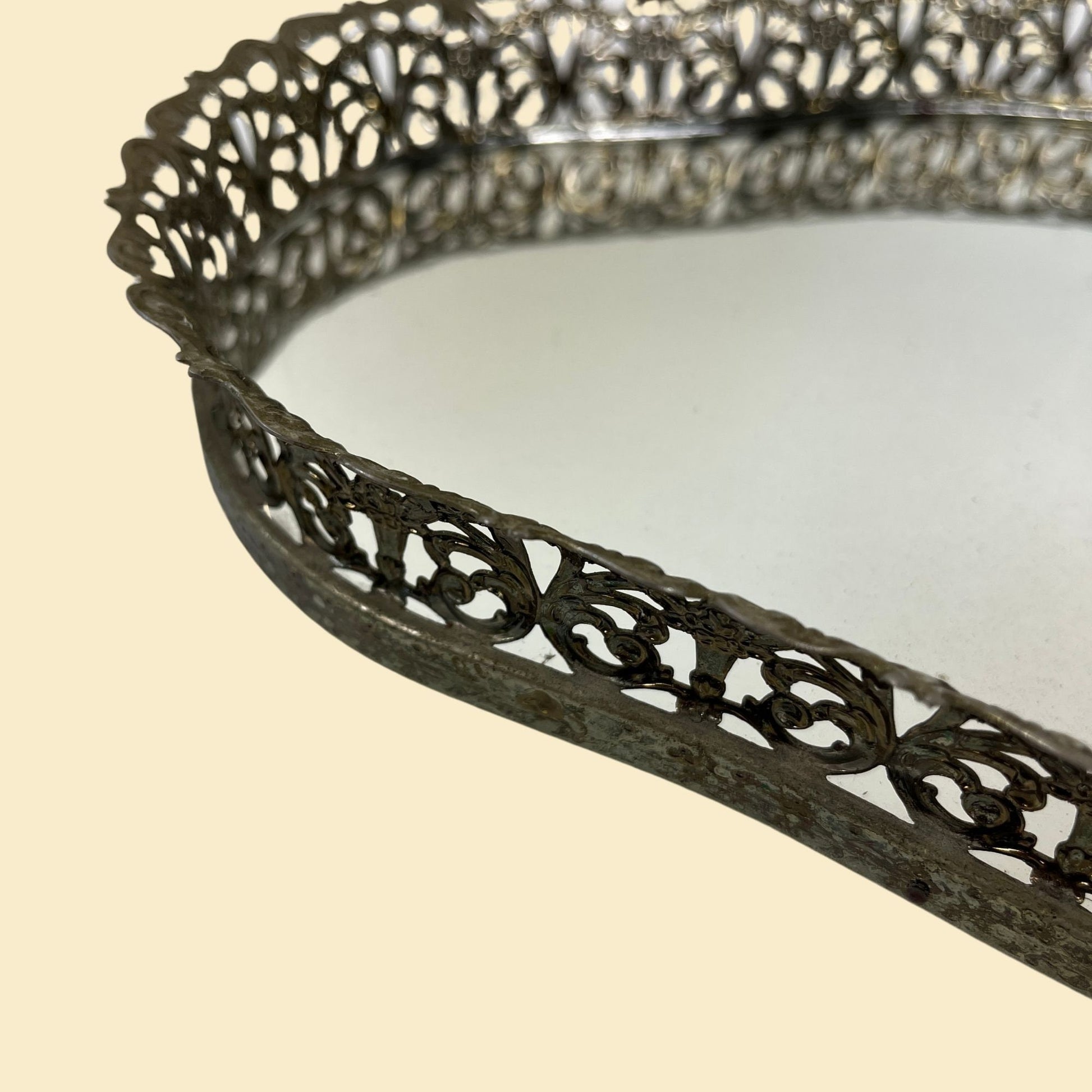 Ornate vanity tray mirror w/ silver filagree border, vintage 1970s tabletop vanity mirror with floral metal border