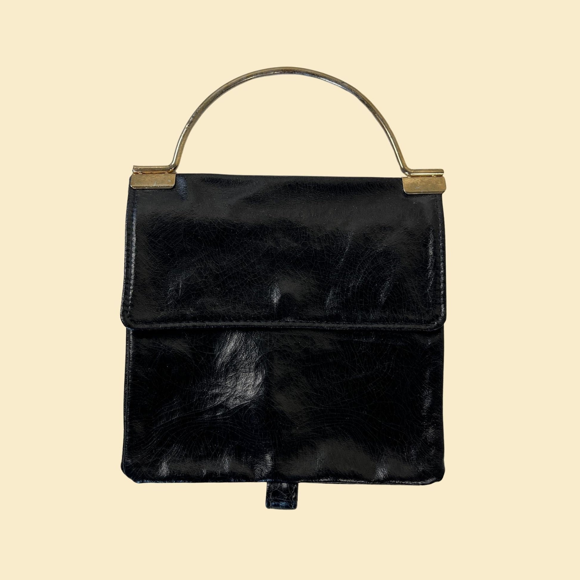 70s black handbag w/ metal top handle