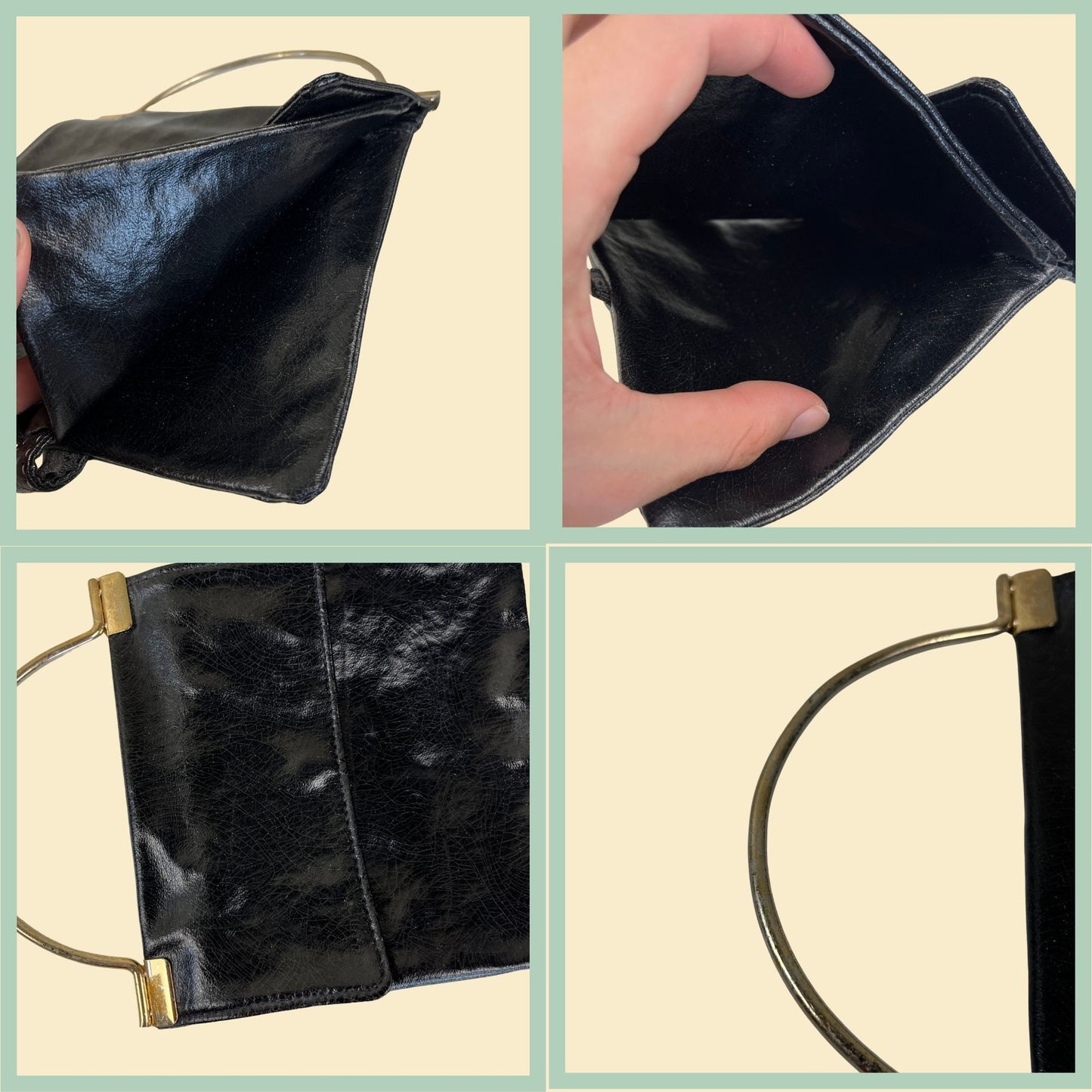 70s black handbag w/ metal top handle