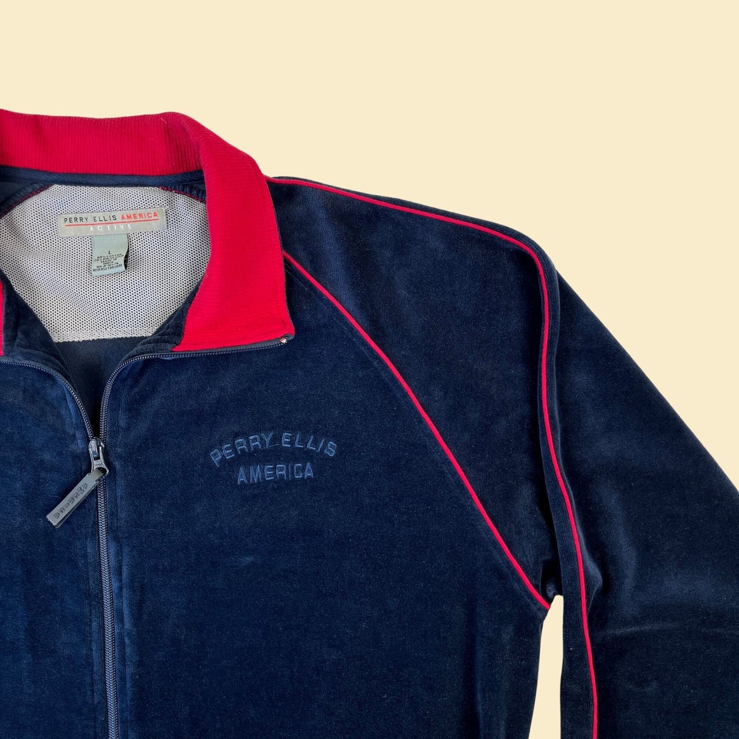 1990s blue velour jacket, vintage size L Perry Ellis America blue & red zip up trainer