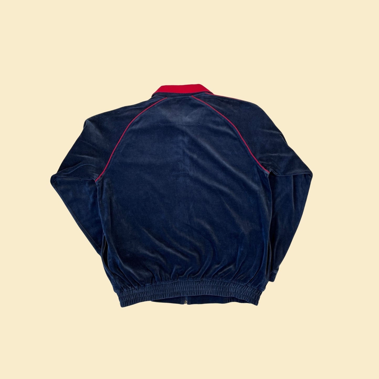 1990s blue velour jacket, vintage size L Perry Ellis America blue & red zip up trainer