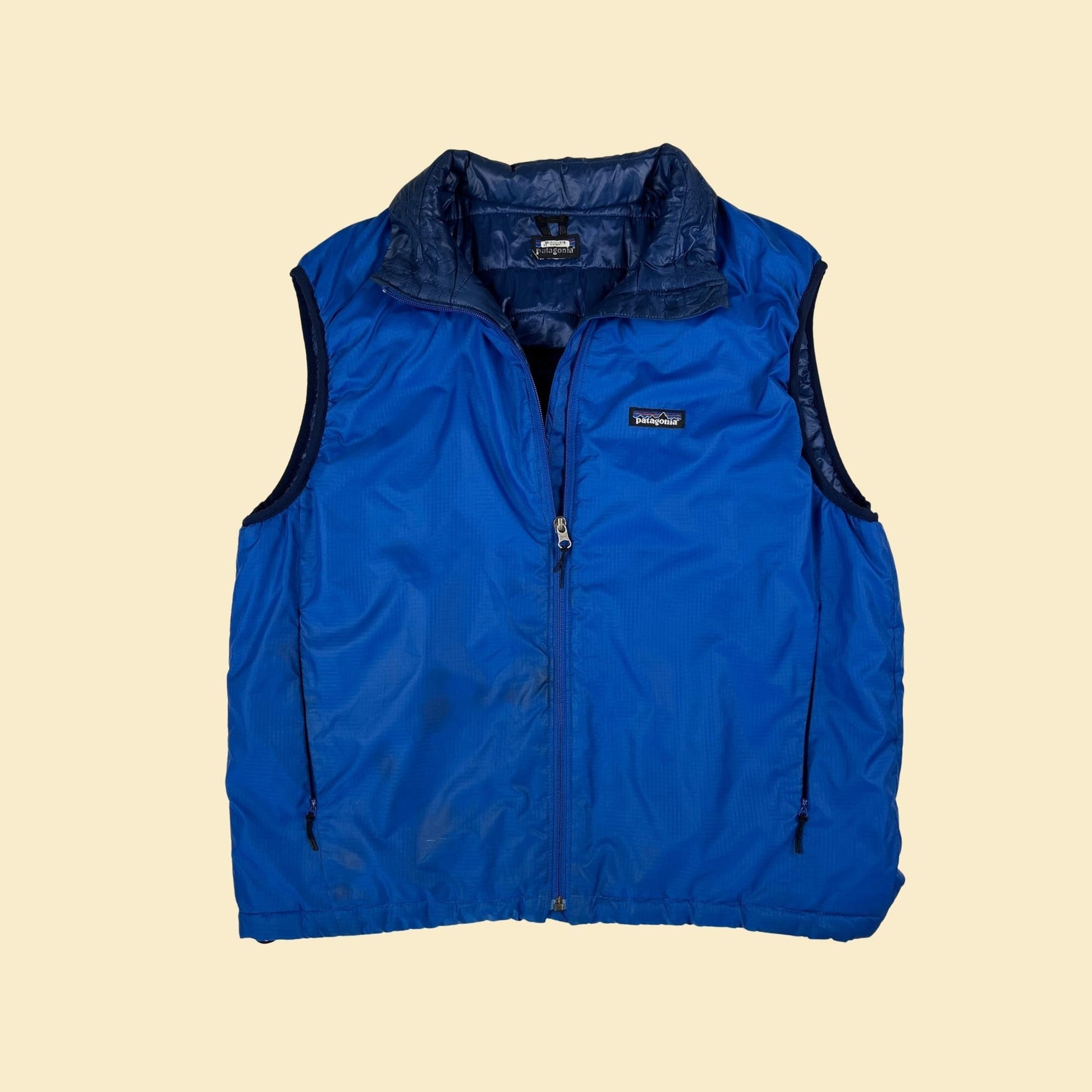 90s Patagonia puffer vest, vintage 1990s blue zip up vest