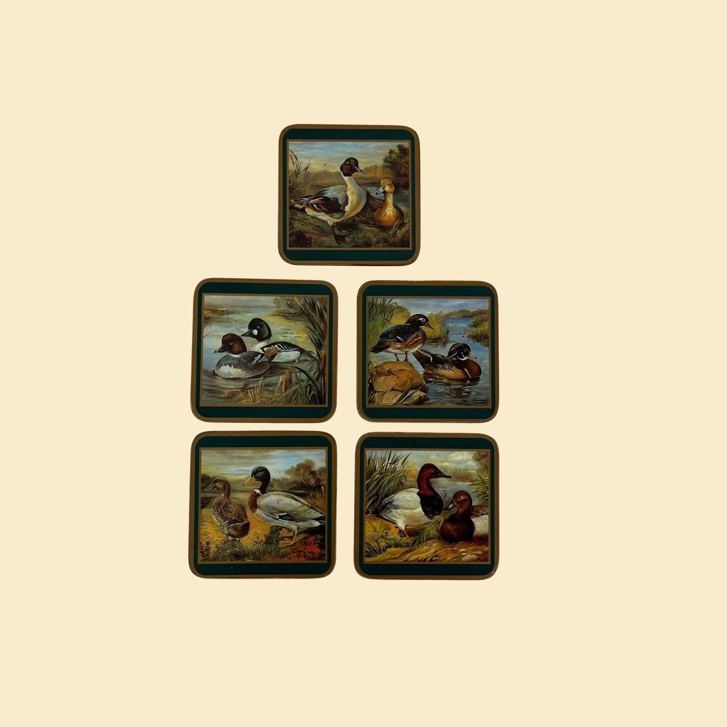 70s duck coasters, set of 5 vintage 1970s square coasters by Pimpernel, made in England