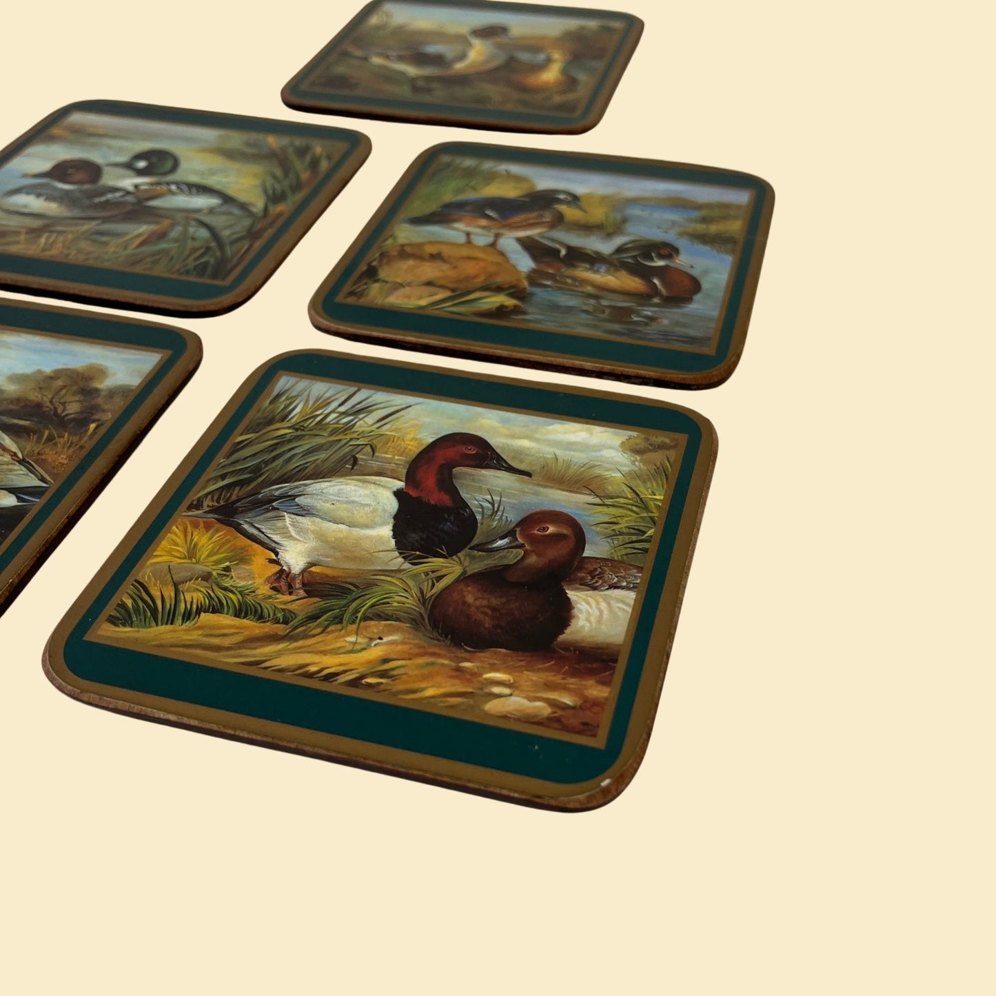 70s duck coasters, set of 5 vintage 1970s square coasters by Pimpernel, made in England