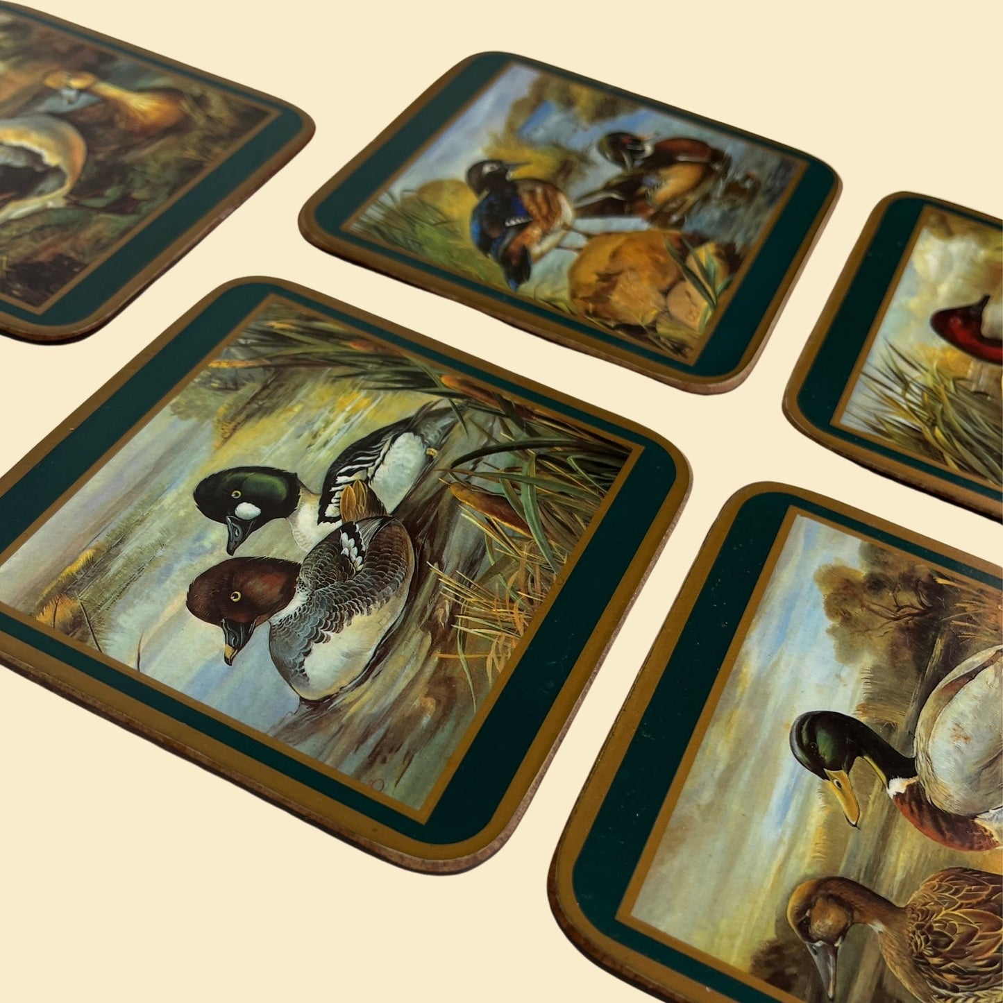 70s duck coasters, set of 5 vintage 1970s square coasters by Pimpernel, made in England