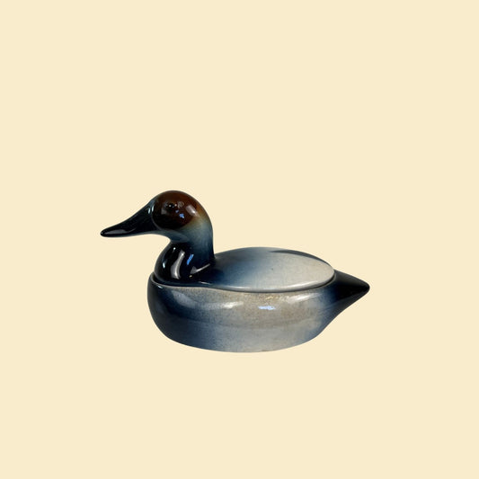Vintage 60s duck dish / sculpture, blue & brown 1960s ceramic duck container
