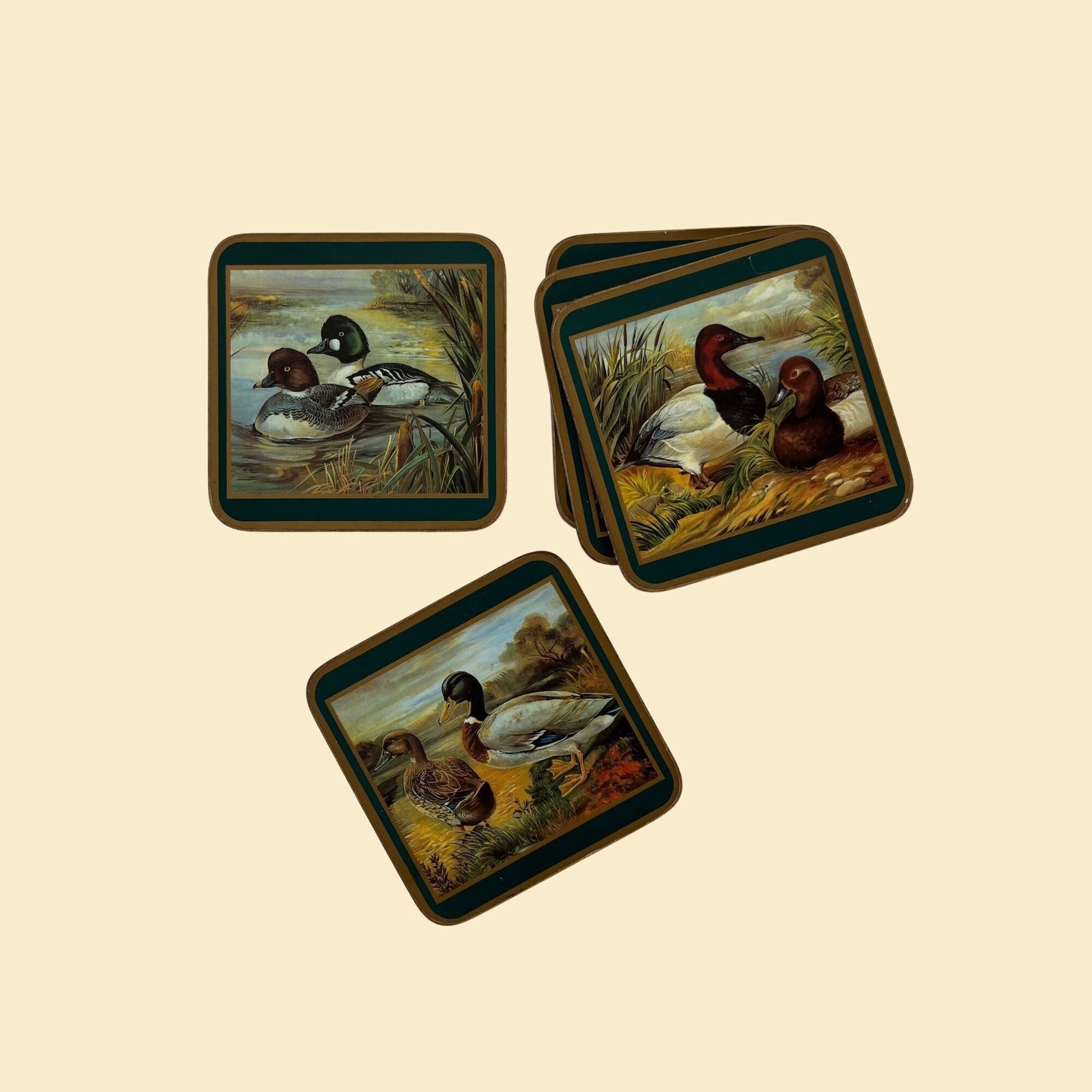 70s duck coasters, set of 5 vintage 1970s square coasters by Pimpernel, made in England