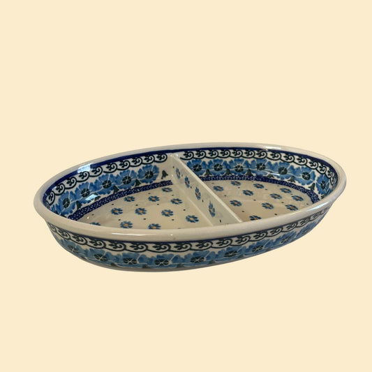 Vintage floral Polish serving dish, 1980s oval-shaped divided blue & green serving plate