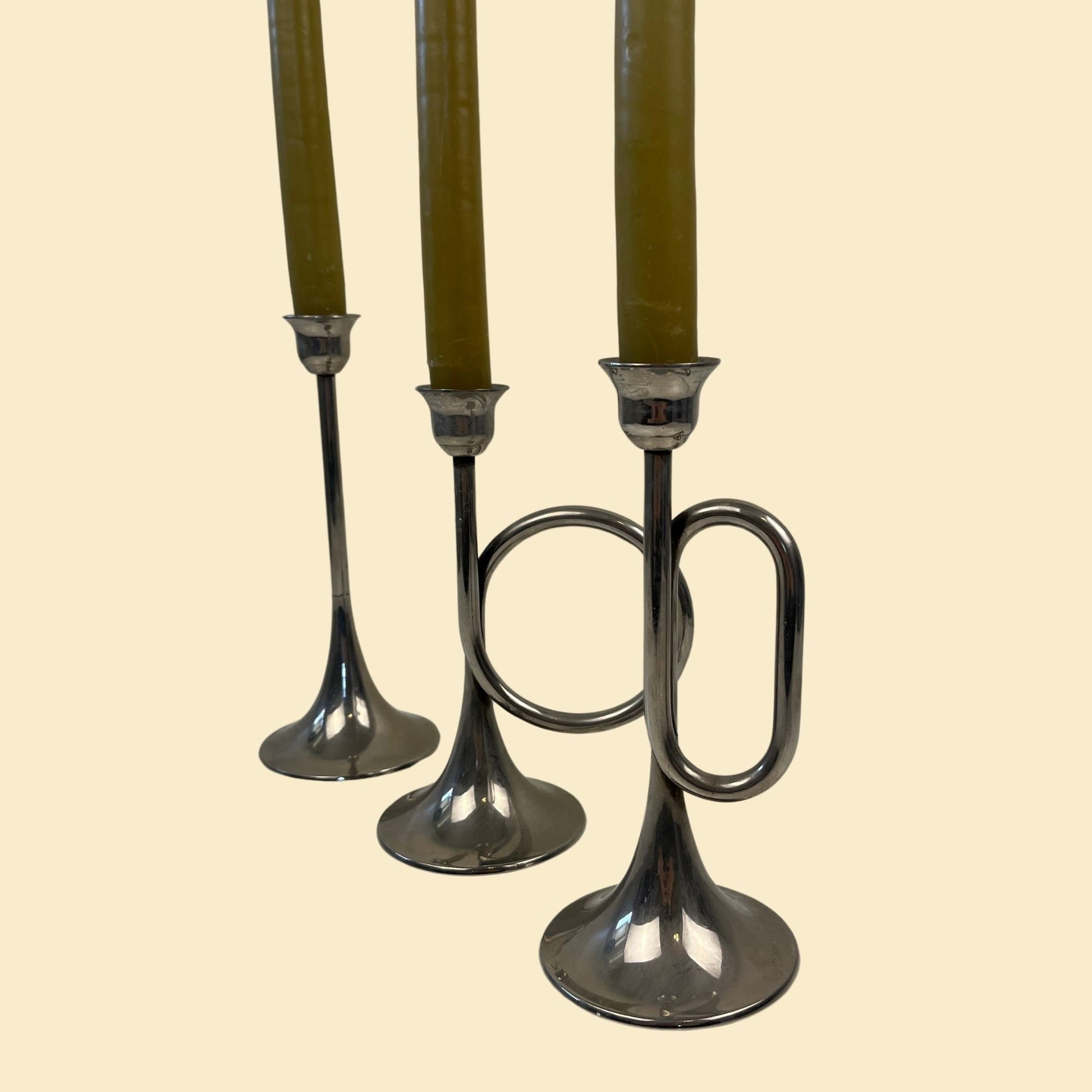 Set of 1980s instrument candlestick holders, vintage silver plated trumpet and bugle taper candle holders
