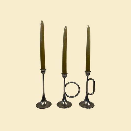 Set of 1980s instrument candlestick holders, vintage silver plated trumpet and bugle taper candle holders