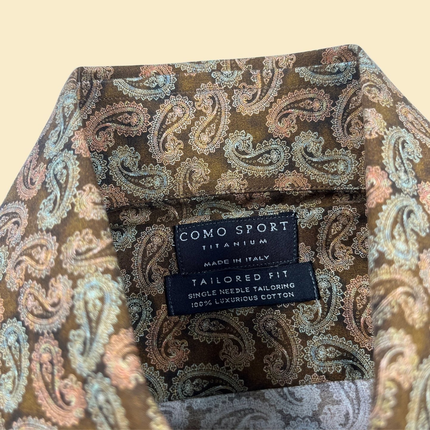 90s paisley men's Italian dress shirt by Como Sport Titanium, size S brown, pink & blue men's button down shirt w/ french cuffs