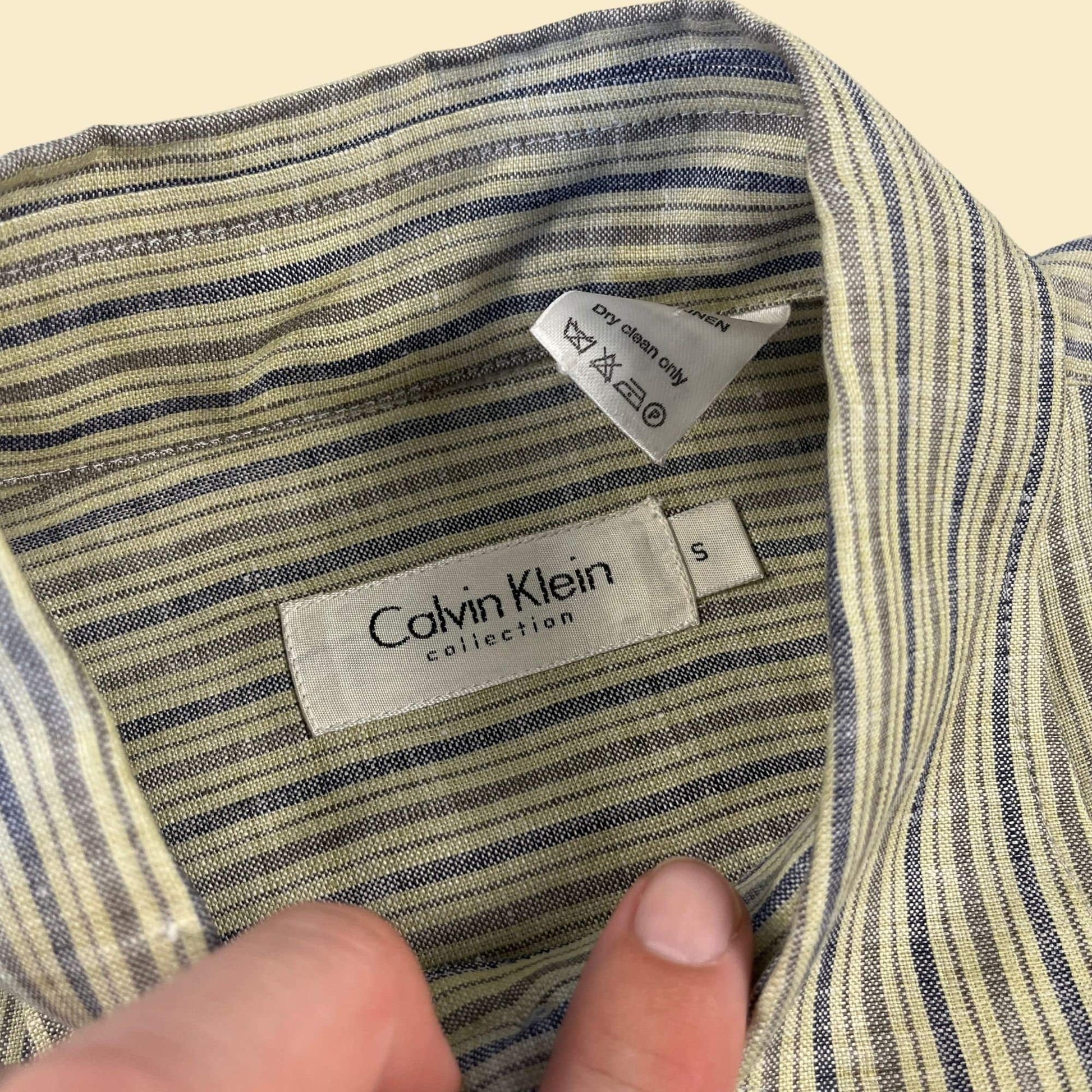 90s/Y2K Calvin Klein linen shirt, size S men's brown, blue & purple Italian made casual striped button down