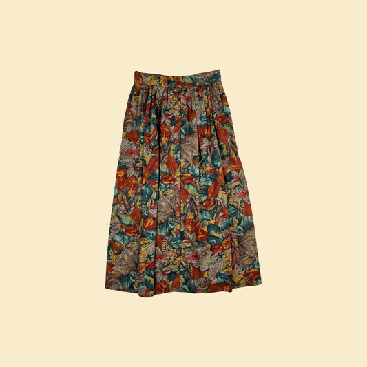 1970s midi skirt by Bobbie Brooks, floral burgundy, teal & yellow button down pleated a-line tropical skirt