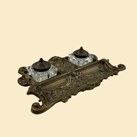 Vintage bronze double glass inkwell stand by Silvestri, c. 1960s-1970s cast bronze calligraphy set