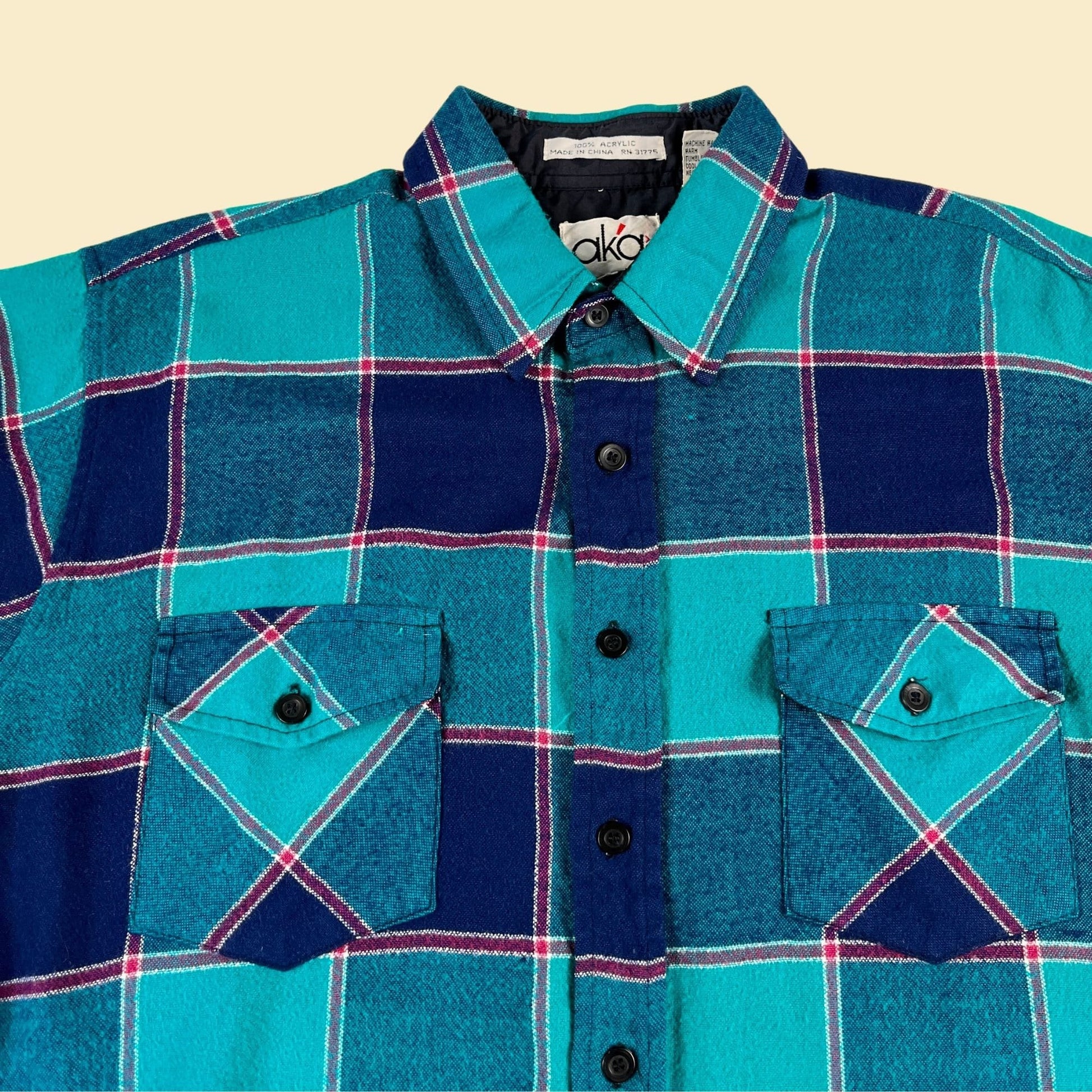 80s/90s teal flannel shirt, size M Aka Bay plaid acrylic men's button down top