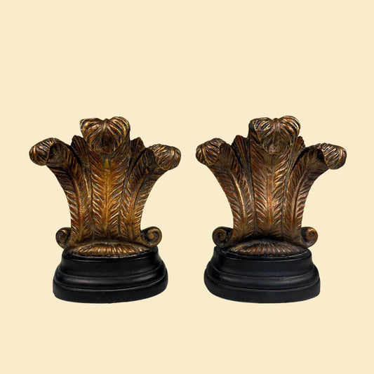 Vintage ornate gold-toned cast plaster bookends, c. 1970s gold & black baroque style bookends